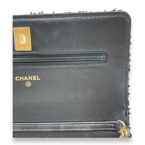 Pearl Crush Black/White Wallet On Chain in Tweed, Gold hardware