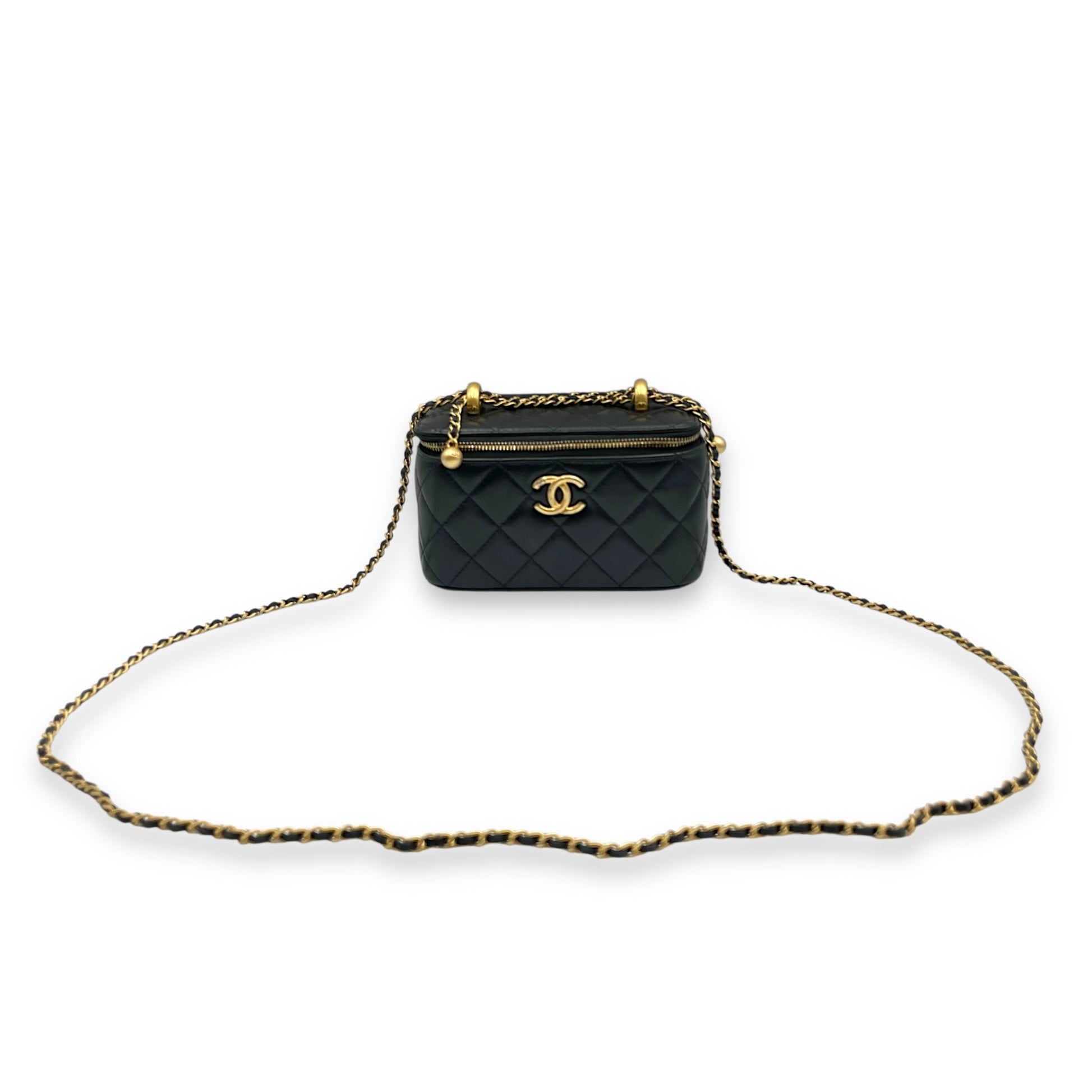 Double Pearl Crush Mini Rectangle Black Vanity Bag in Lambskin, Gold hardware