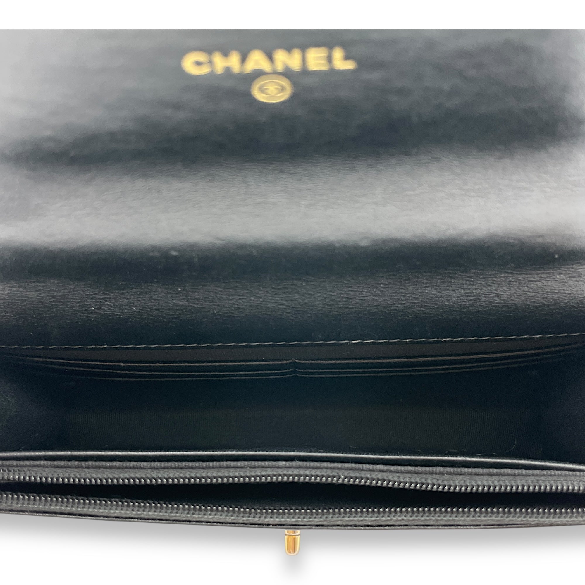 Quilted Logo Top Handle Black Wallet On Chain in Lambskin, Gold hardware