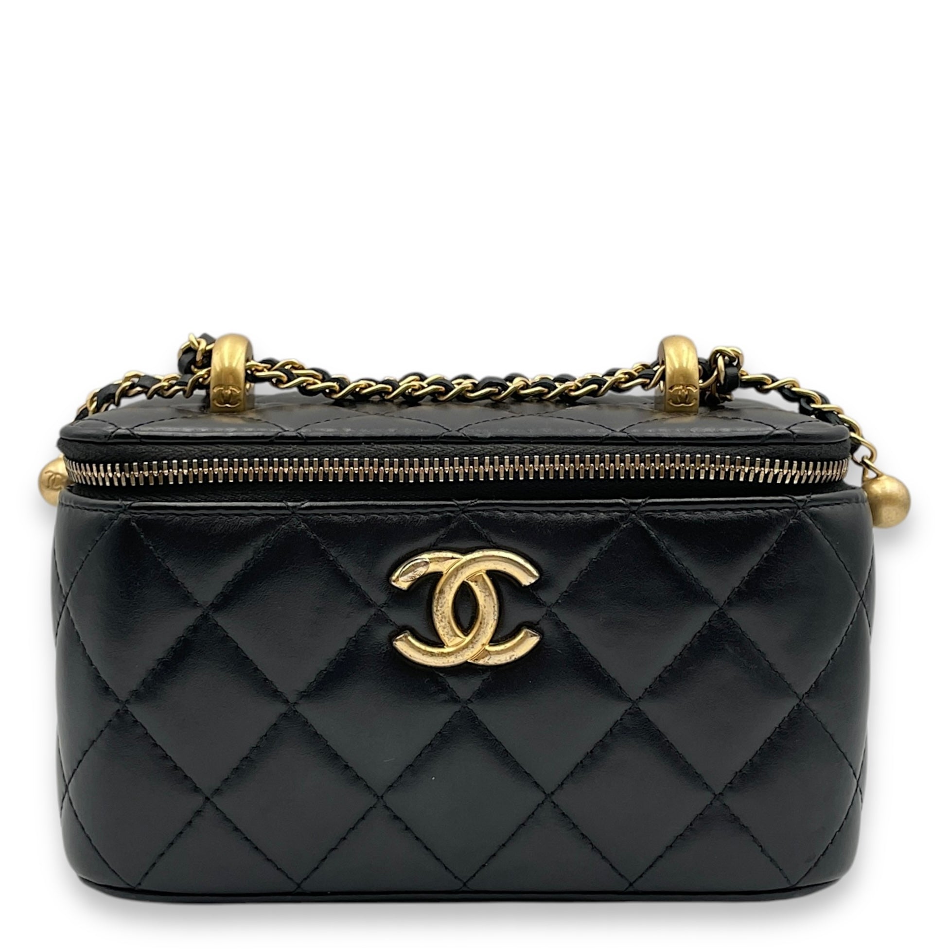 Double Pearl Crush Mini Rectangle Black Vanity Bag in Lambskin, Gold hardware