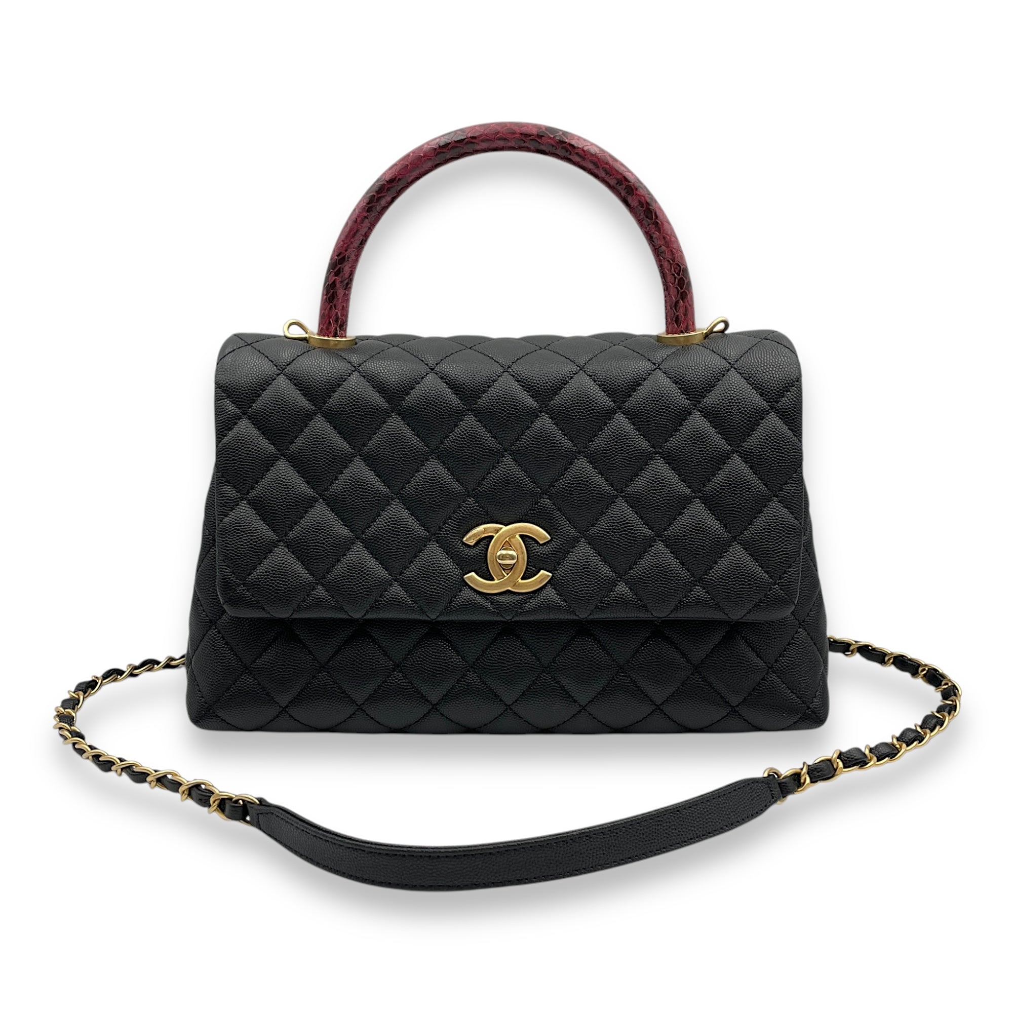 Quilted CoCo Handle (28cm) Medium Black Shoulder Bag in Caviar, elaphe handle, Gold hardware