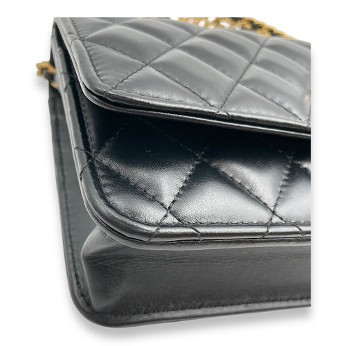 Quilted Logo Top Handle Black Wallet On Chain in Lambskin, Gold hardware