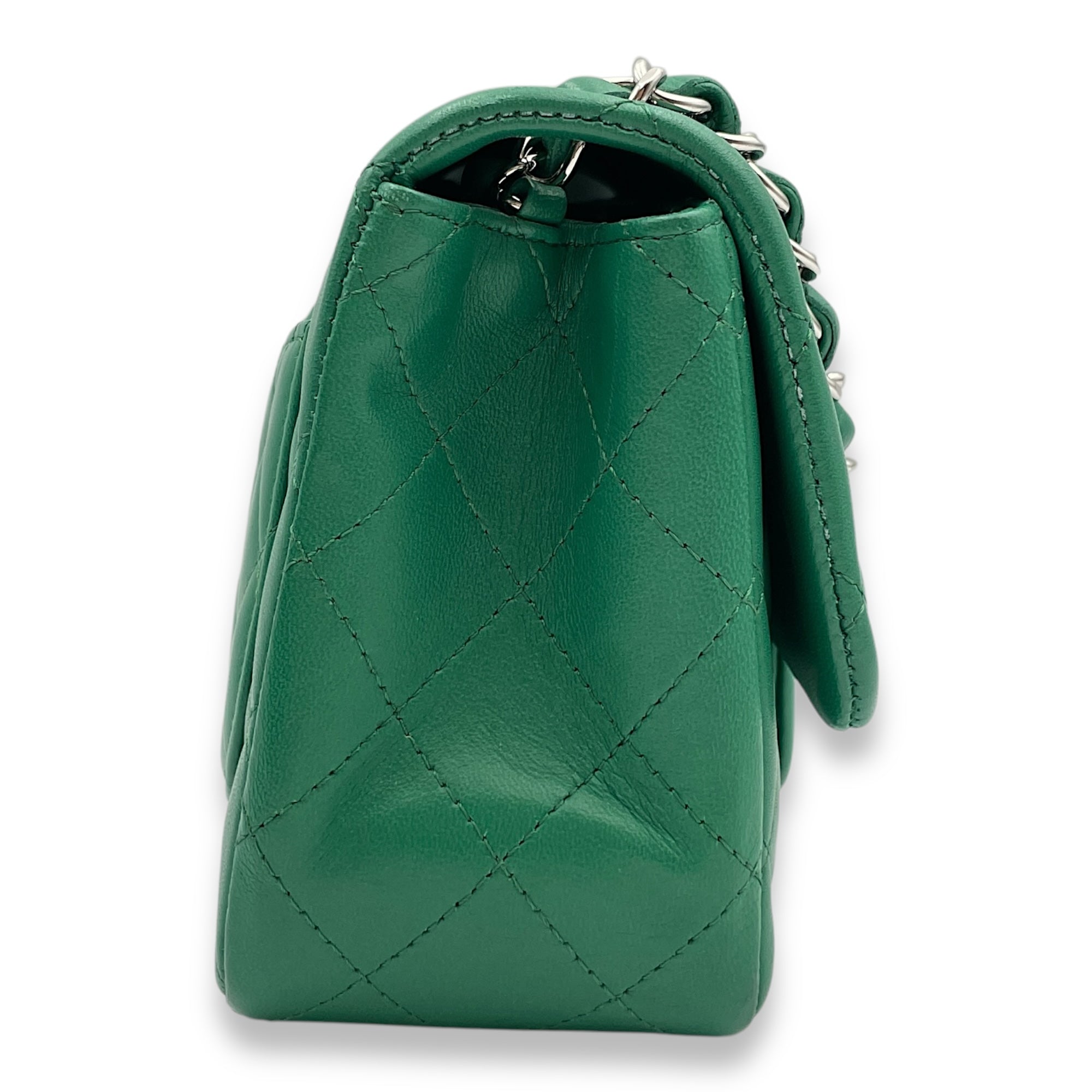 Classic Square Mini Green Crossbody Bag in Lambskin, Silver hardware