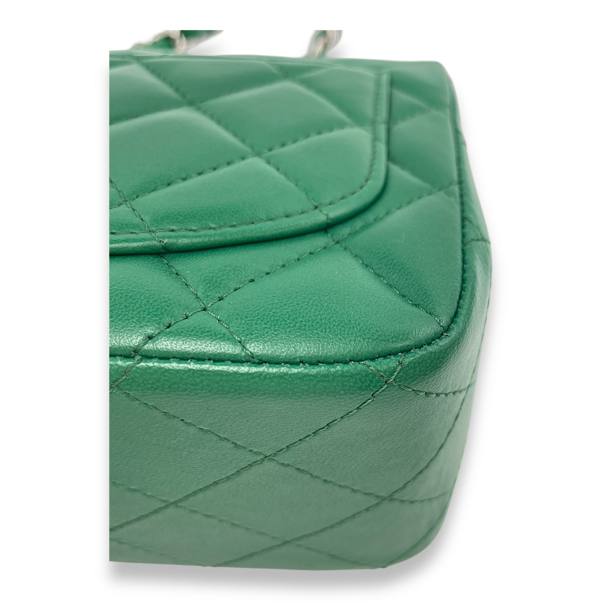 Classic Square Mini Green Crossbody Bag in Lambskin, Silver hardware