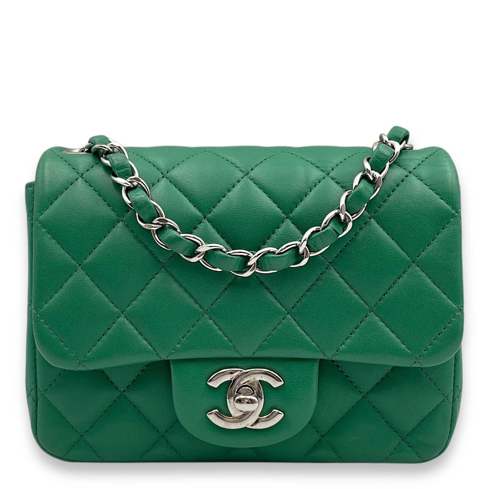 Classic Square Mini Green Crossbody Bag in Lambskin, Silver hardware