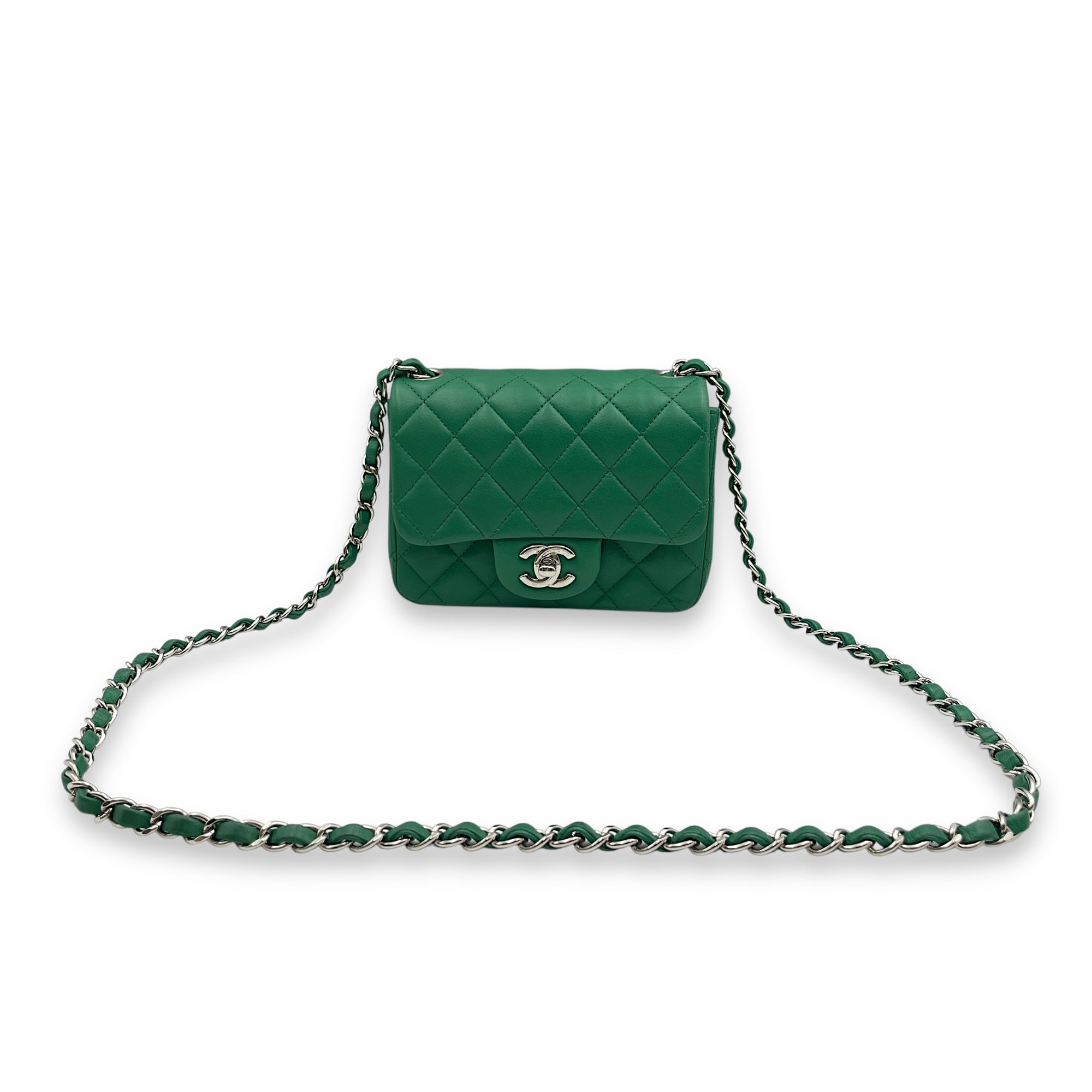 Classic Square Mini Green Crossbody Bag in Lambskin, Silver hardware