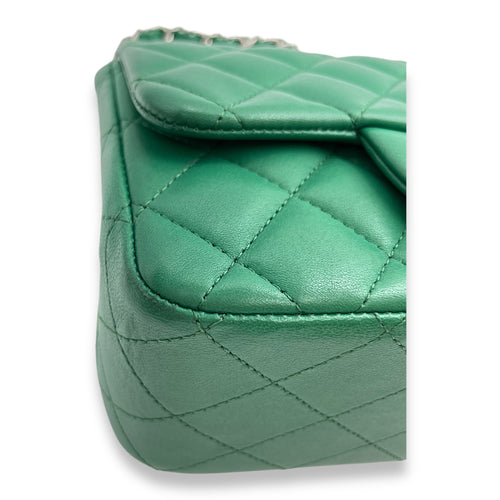 Classic Square Mini Green Crossbody Bag in Lambskin, Silver hardware