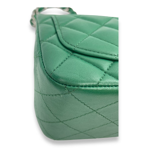 Classic Square Mini Green Crossbody Bag in Lambskin, Silver hardware