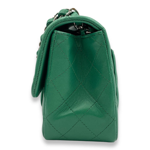 Classic Square Mini Green Crossbody Bag in Lambskin, Silver hardware