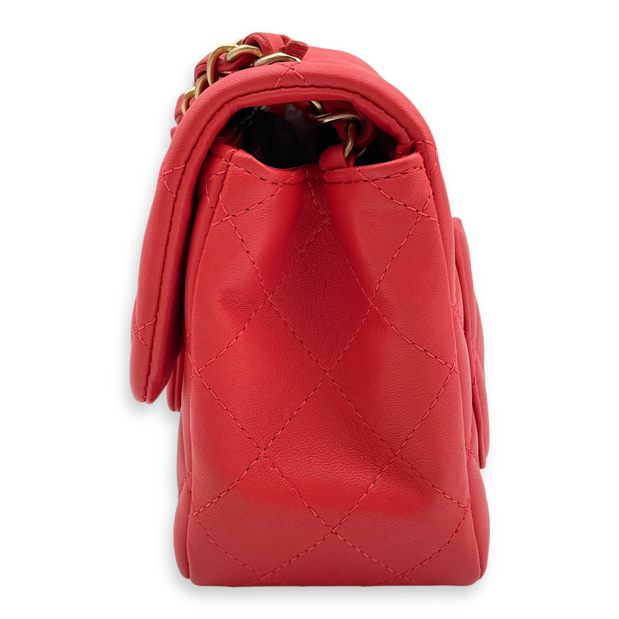 Classic Mini Square Mini Red Crossbody Bag in Lambskin, Gold hardware