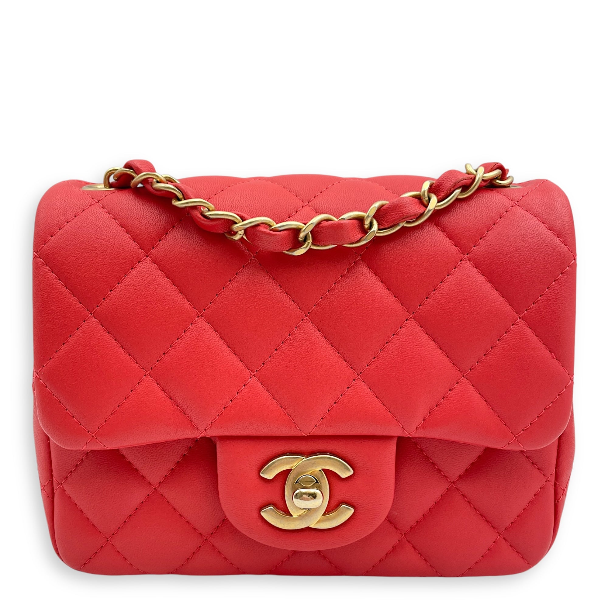 Classic Mini Square Mini Red Crossbody Bag in Lambskin, Gold hardware