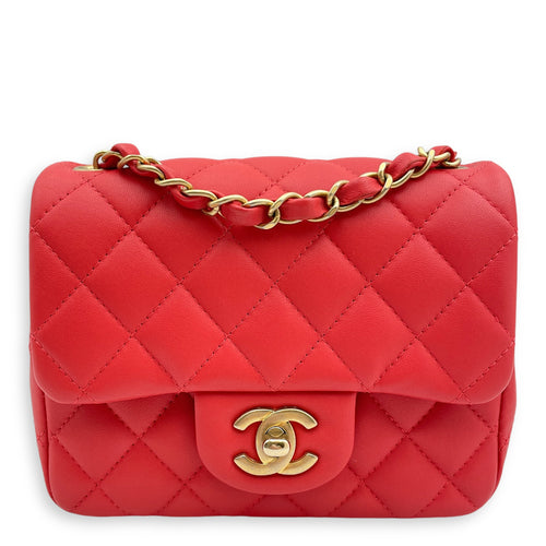 Classic Mini Square Mini Red Crossbody Bag in Lambskin, Gold hardware