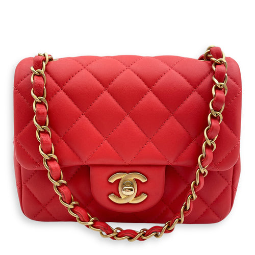 Classic Mini Square Mini Red Crossbody Bag in Lambskin, Gold hardware