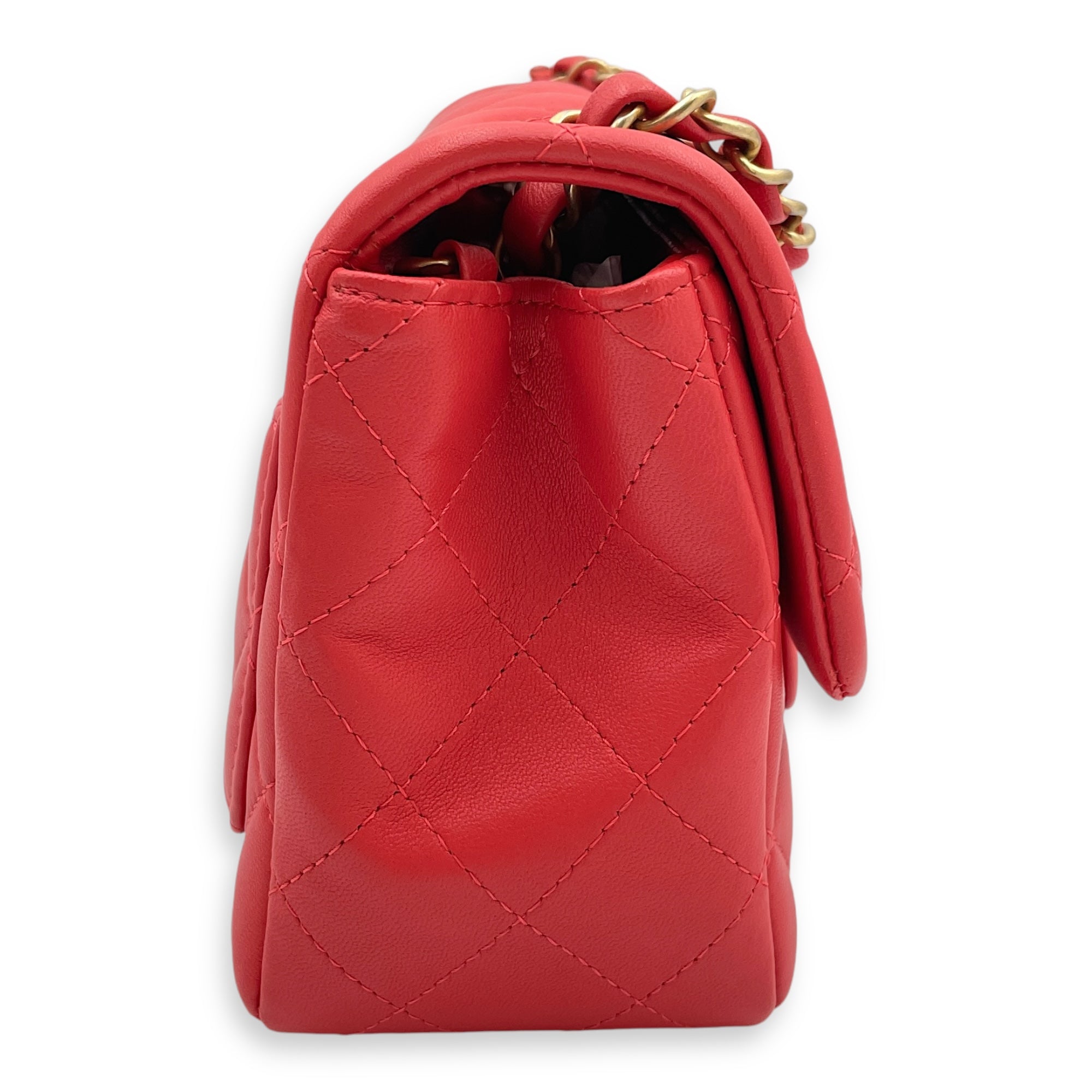 Classic Mini Square Mini Red Crossbody Bag in Lambskin, Gold hardware