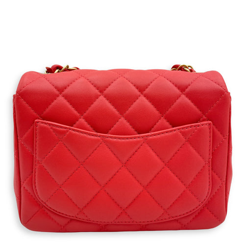 Classic Mini Square Mini Red Crossbody Bag in Lambskin, Gold hardware