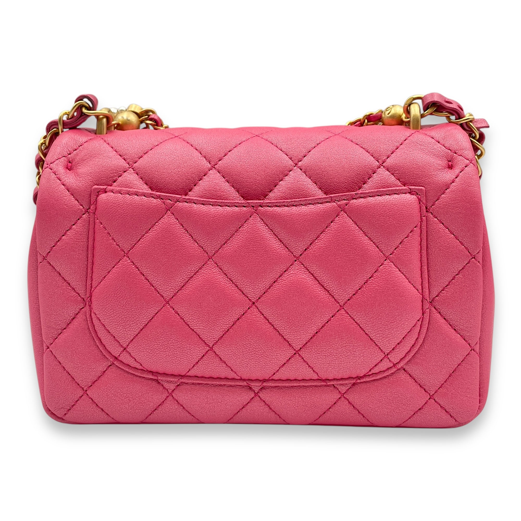 Seasonal Flap with Pearl Chain Handle 17x12x5 cm Pink Crossbody Bag in Lambskin, Gold hardware