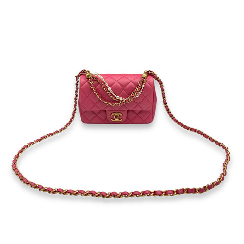 Seasonal Flap with Pearl Chain Handle 17x12x5 cm Pink Crossbody Bag in Lambskin, Gold hardware