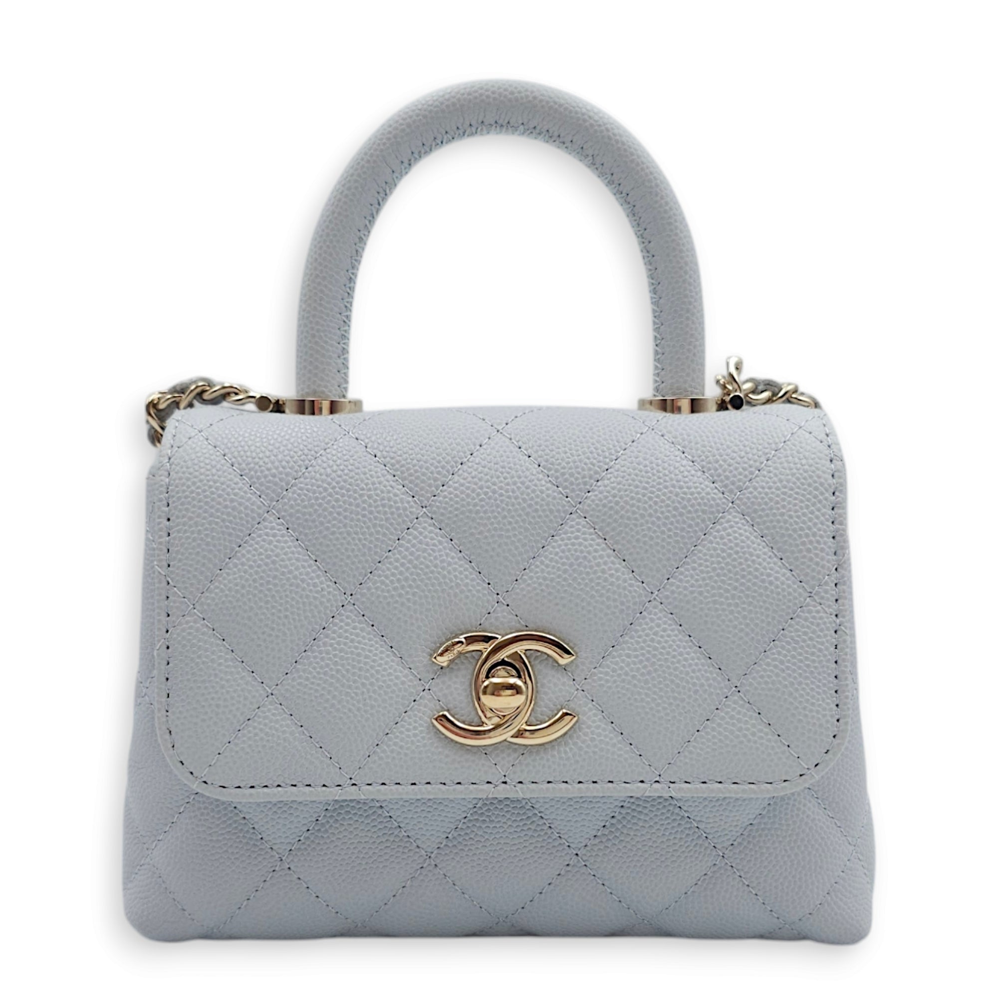 Coco Handle Quilted Micro Bleu Crossbody Bag in Caviar Leather, Gold hardware