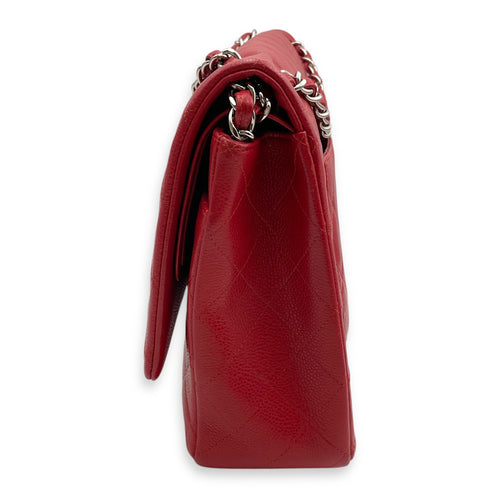 Classic Double Flap Maxi Red Shoulder Bag in Caviar Leather, Silver hardware