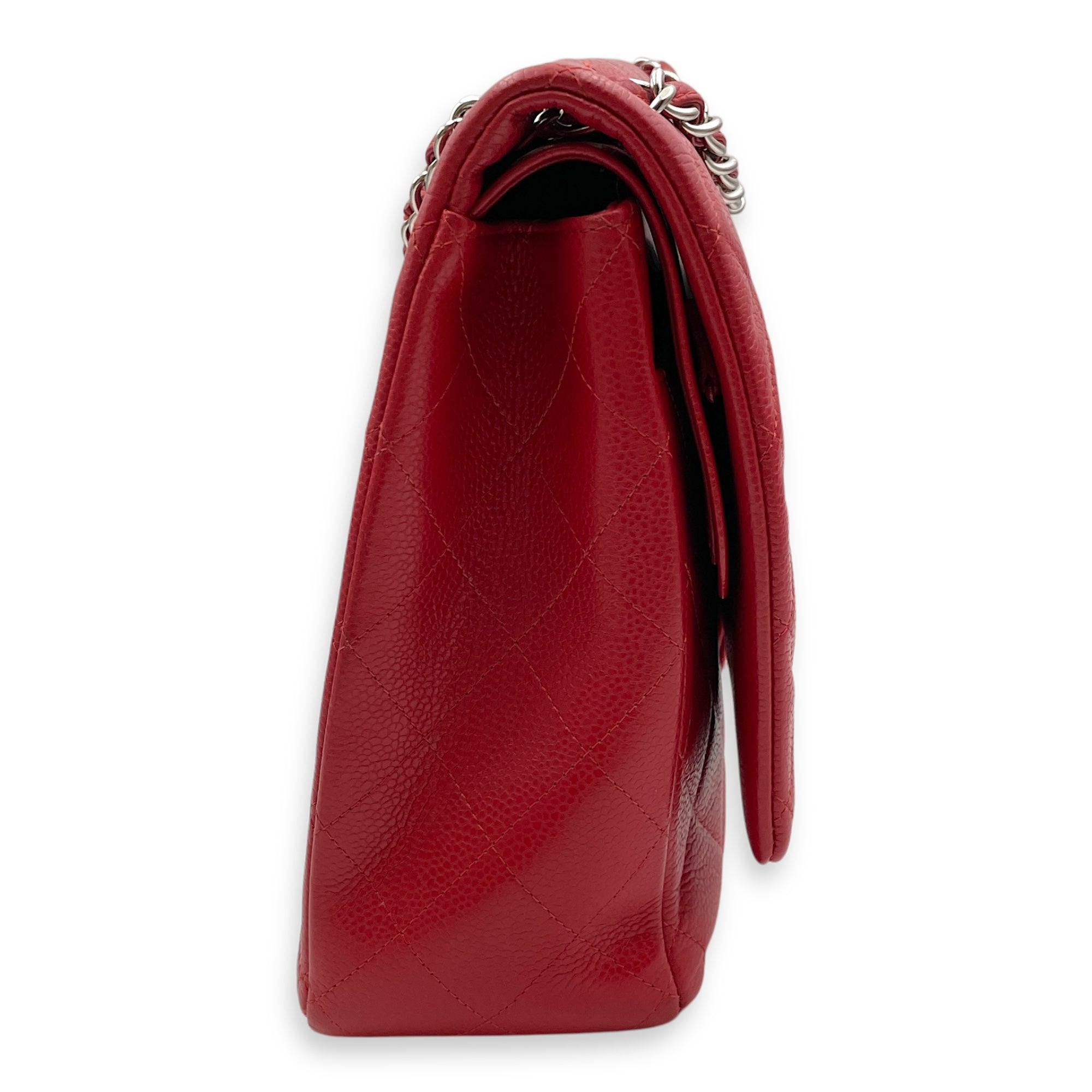 Classic Double Flap Maxi Red Shoulder Bag in Caviar Leather, Silver hardware