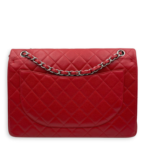 Classic Double Flap Maxi Red Shoulder Bag in Caviar Leather, Silver hardware