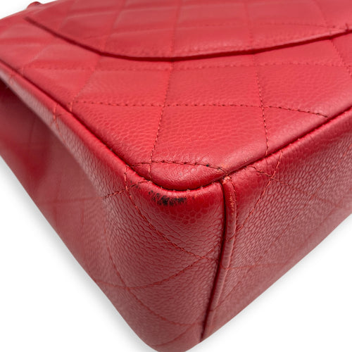 Classic Double Flap Maxi Red Shoulder Bag in Caviar Leather, Silver hardware