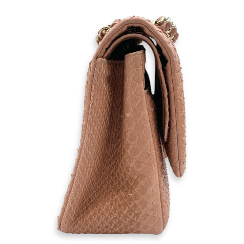 Classic Double Flap Jumbo Pink Shoulder Bag in Python Leather, Gold hardware