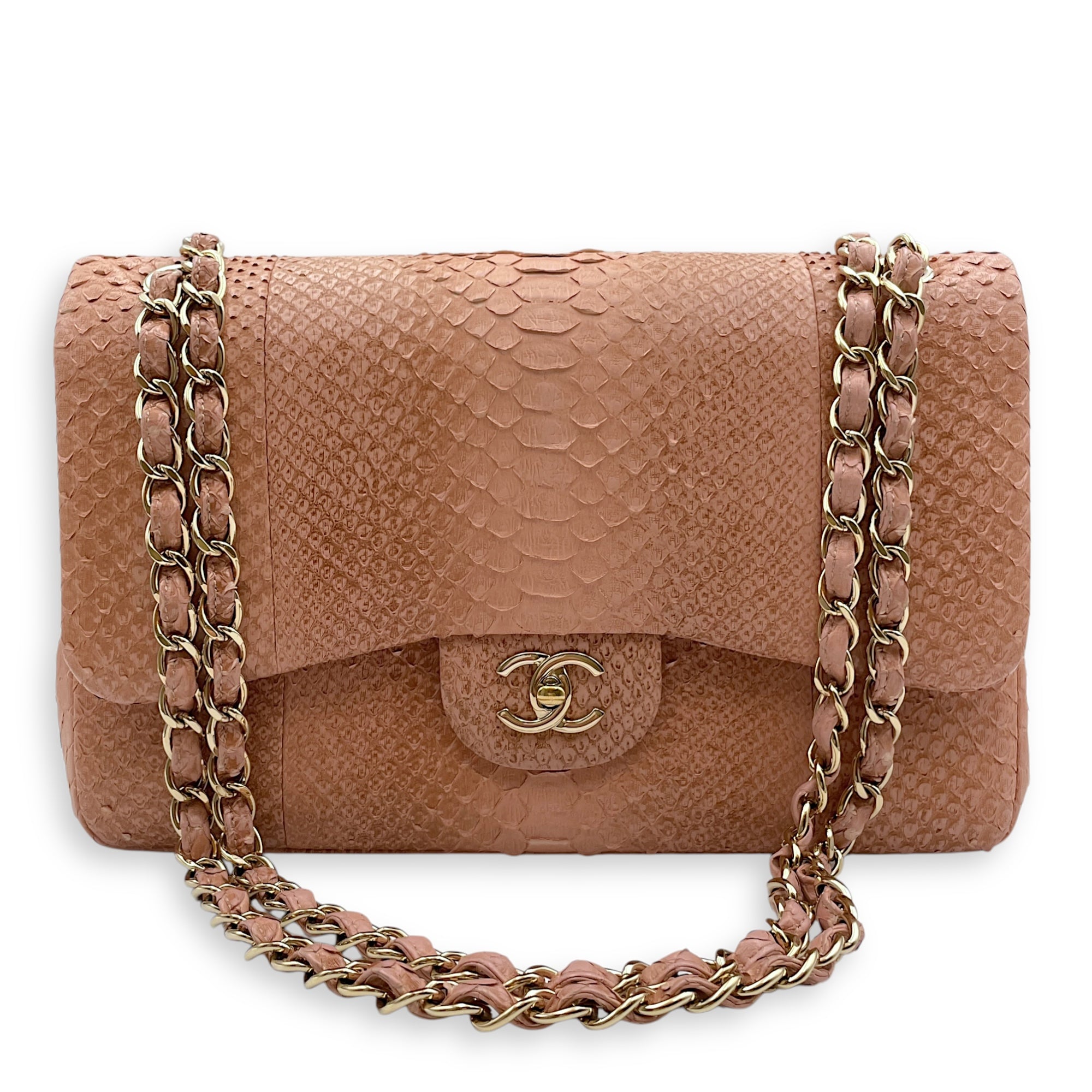 Classic Double Flap Jumbo Pink Shoulder Bag in Python Leather, Gold hardware