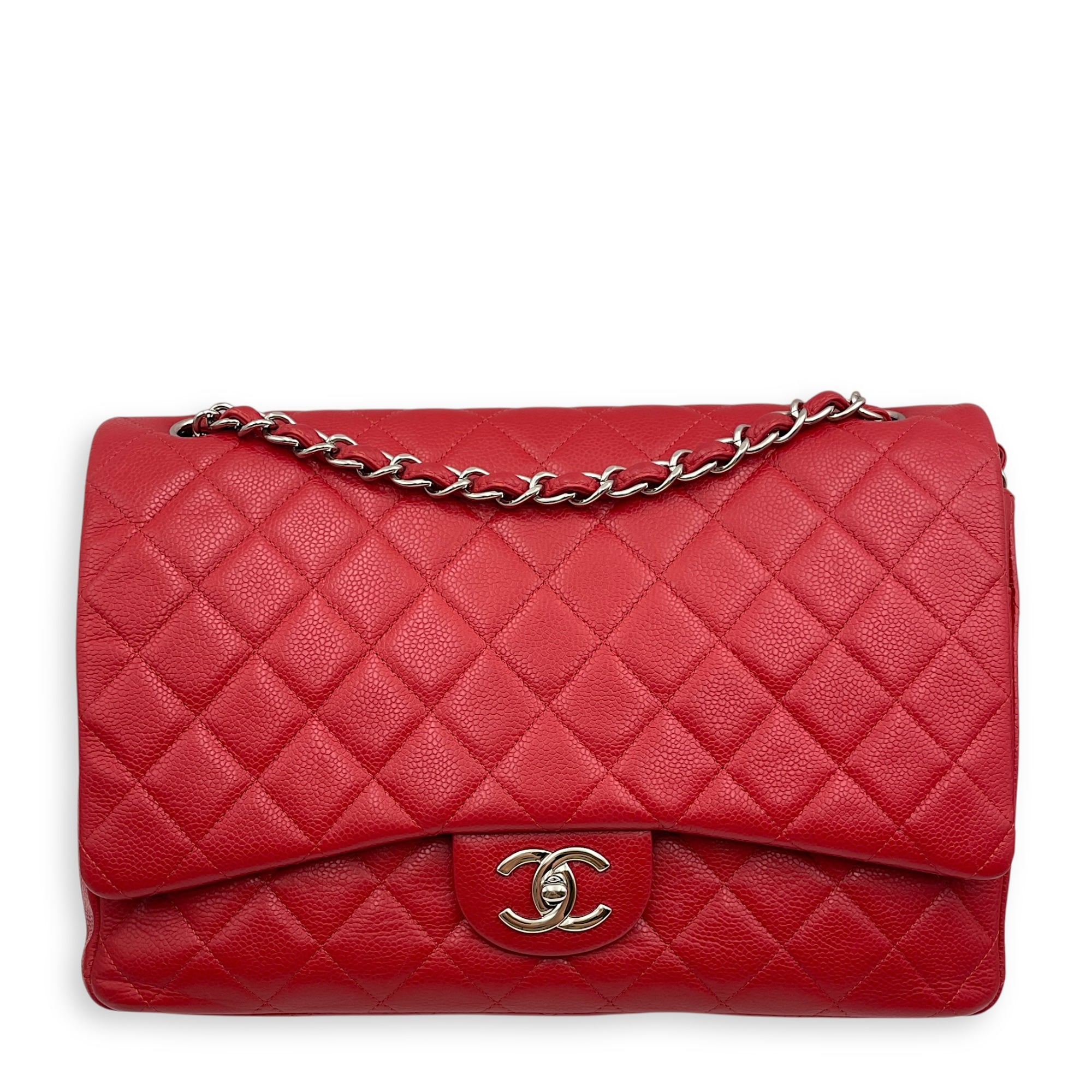 Classic Double Flap Maxi Red Shoulder Bag in Caviar Leather, Silver hardware