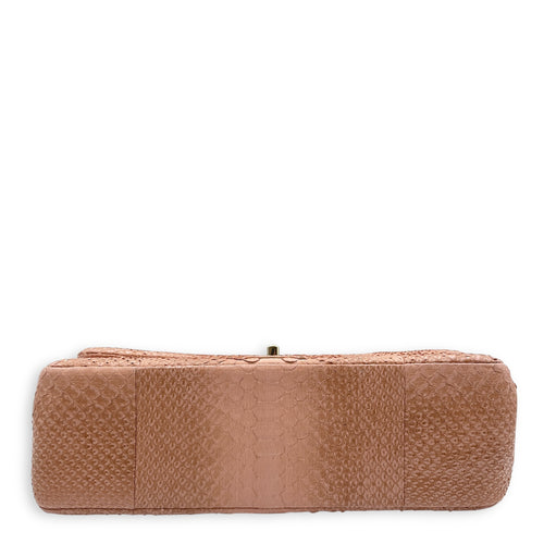 Classic Double Flap Jumbo Pink Shoulder Bag in Python Leather, Gold hardware