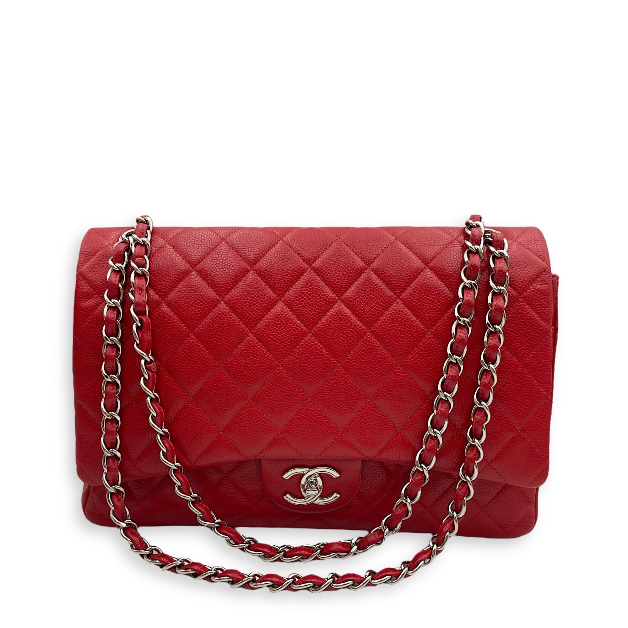 Classic Double Flap Maxi Red Shoulder Bag in Caviar Leather, Silver hardware