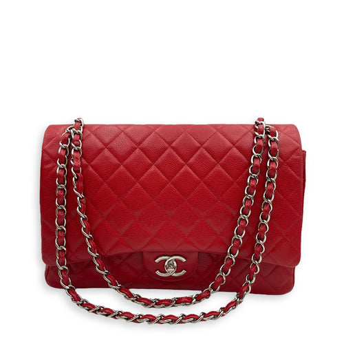 Classic Double Flap Maxi Red Shoulder Bag in Caviar Leather, Silver hardware