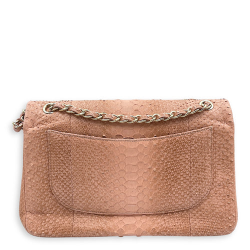 Classic Double Flap Jumbo Pink Shoulder Bag in Python Leather, Gold hardware