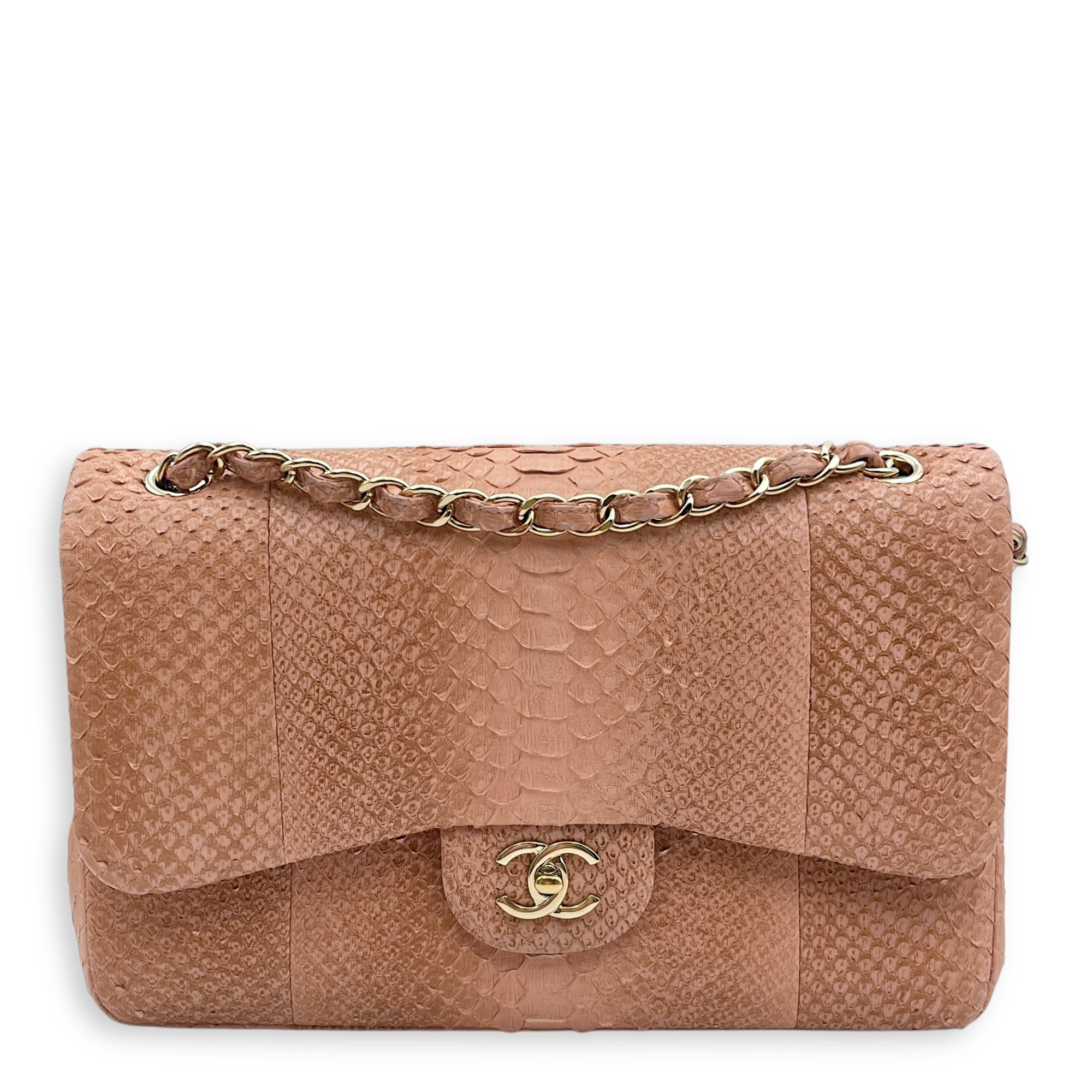 Classic Double Flap Jumbo Pink Shoulder Bag in Python Leather, Gold hardware