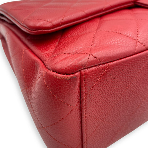 Classic Double Flap Maxi Red Shoulder Bag in Caviar Leather, Silver hardware