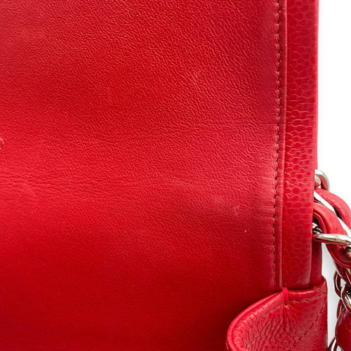 Classic Double Flap Maxi Red Shoulder Bag in Caviar Leather, Silver hardware