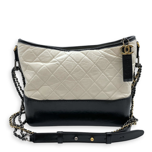 Quilted Gabrielle Medium White/Black in Distressed Leather, 3-Tone hardware