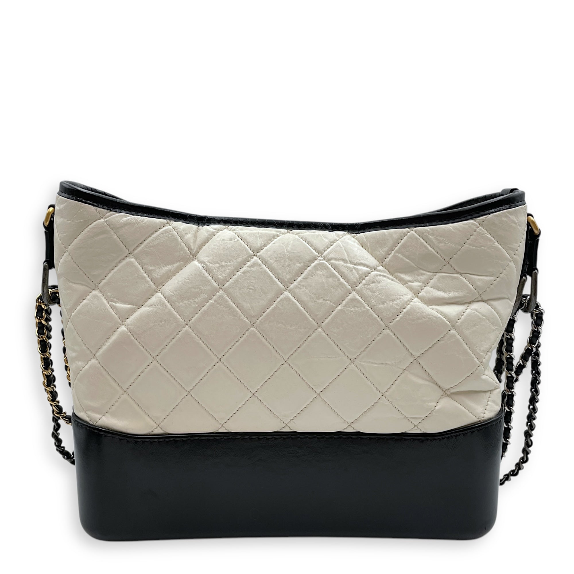 Quilted Gabrielle Medium White/Black in Distressed Leather, 3-Tone hardware