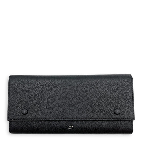 Multi Function Long Black Wallet in Calfskin, Silver hardware