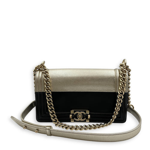 Bi-color Boy (25cm) Medium Black/Gold in Calfskin, Gold hardware