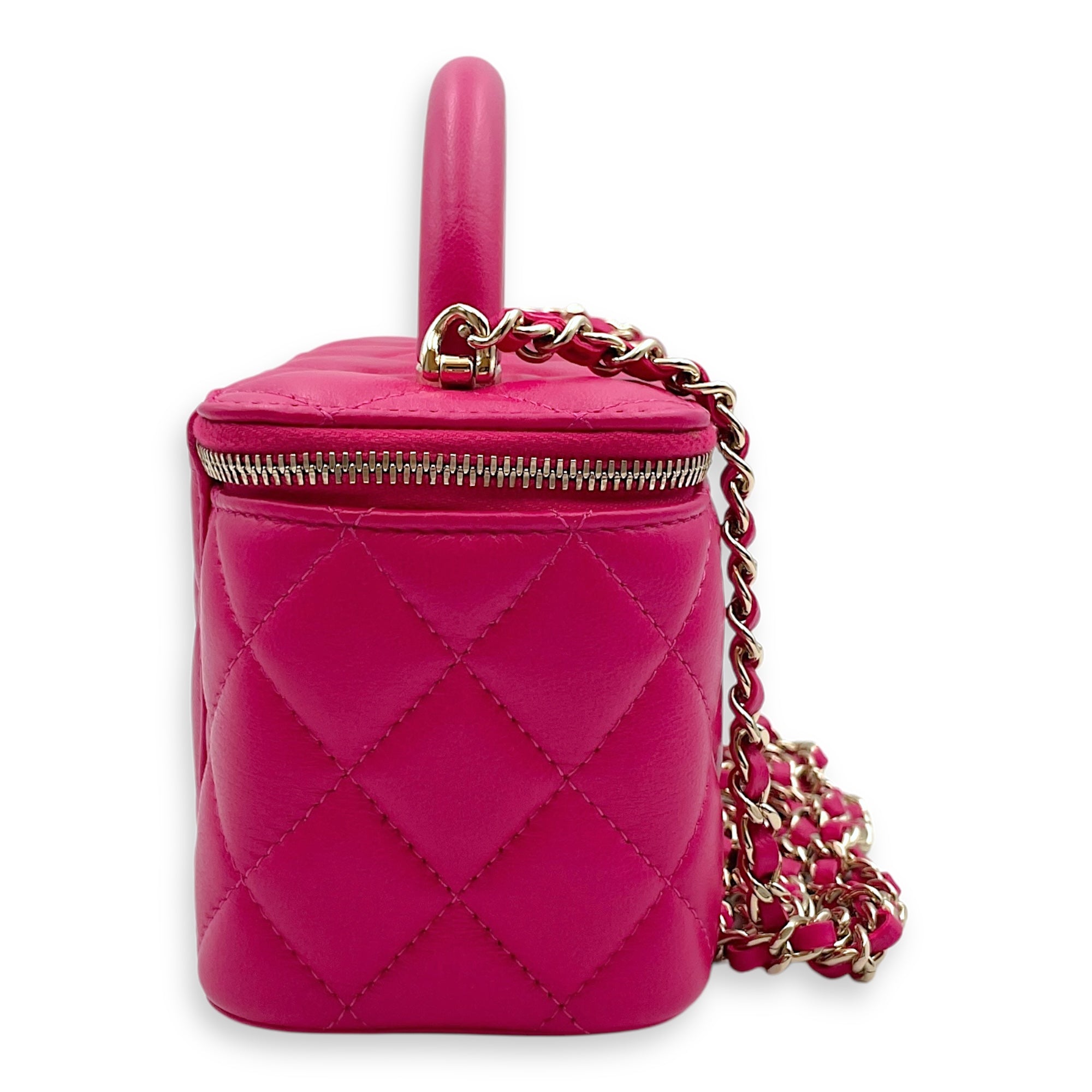 Quilted Top Handle Pink Vanity Bag in Lambskin, Gold hardware