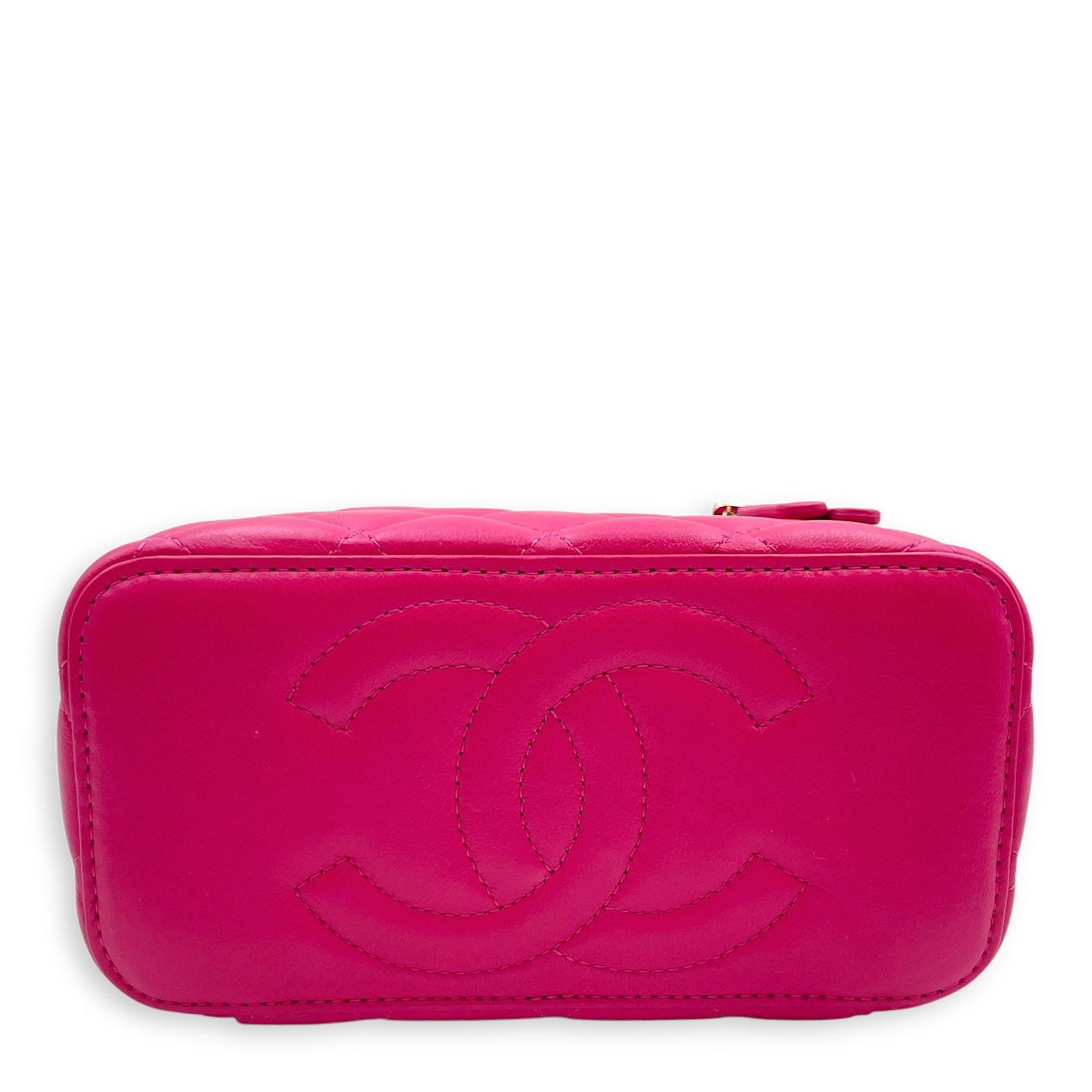 Quilted Top Handle Pink Vanity Bag in Lambskin, Gold hardware