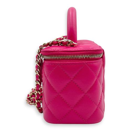 Quilted Top Handle Pink Vanity Bag in Lambskin, Gold hardware