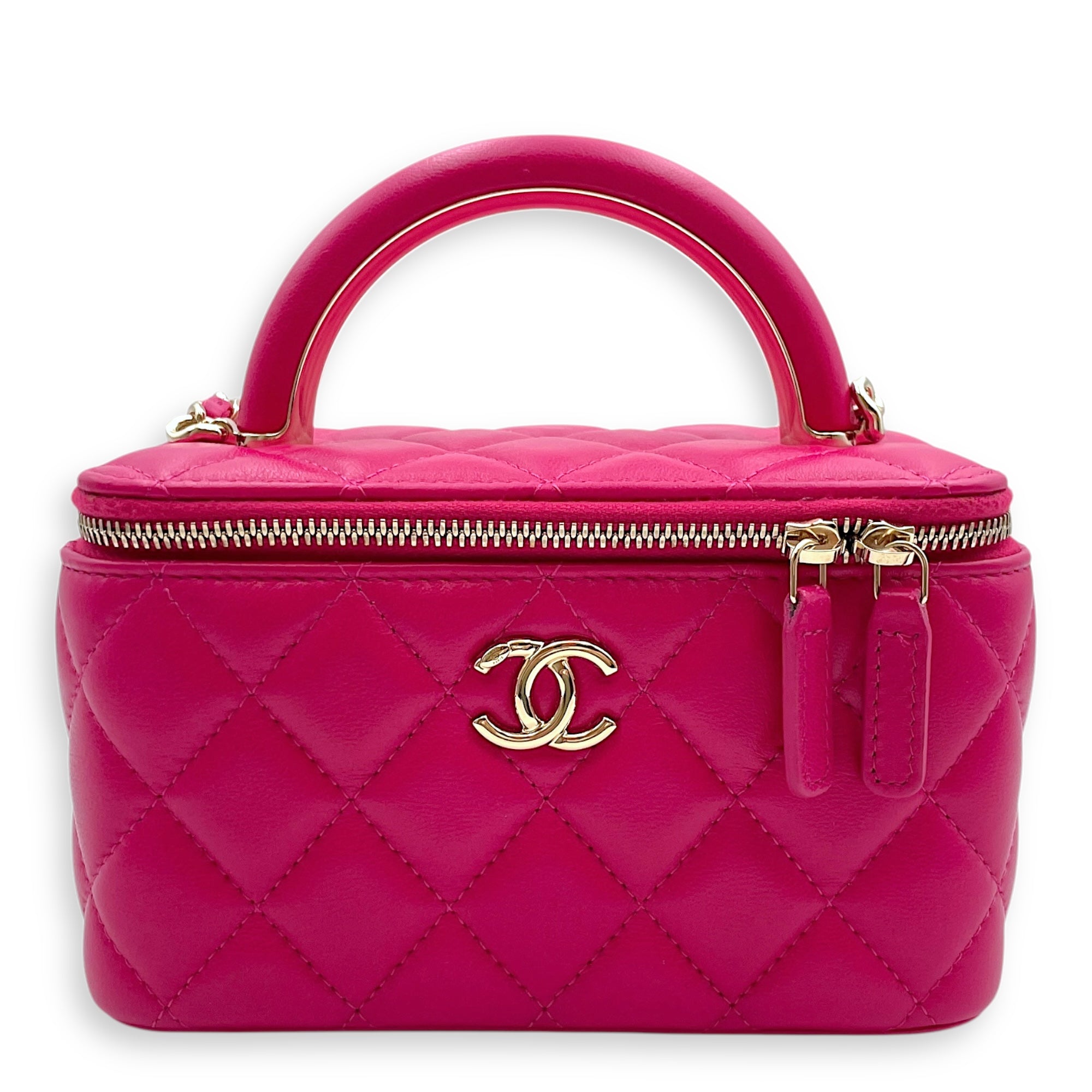 Quilted Top Handle Pink Vanity Bag in Lambskin, Gold hardware