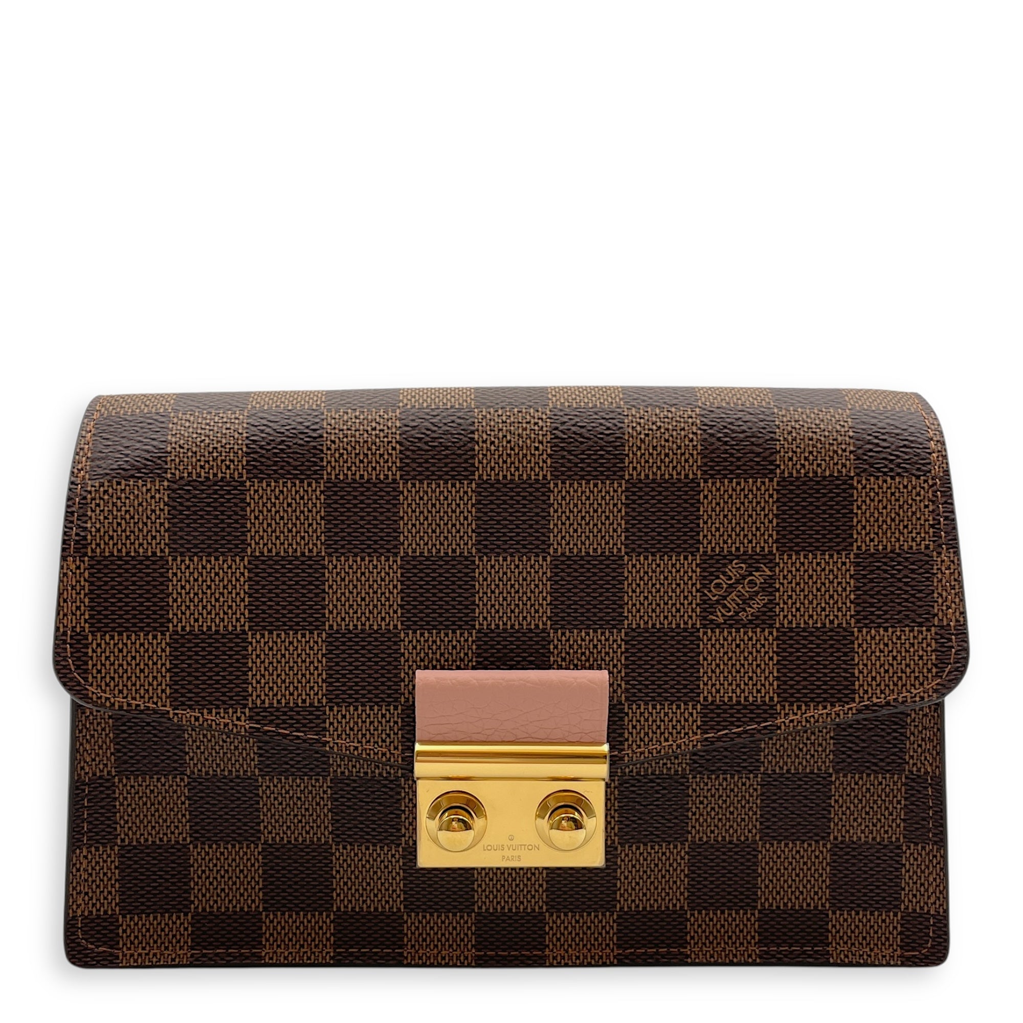 Croisette NM 20.5x12.5x5cm Damier Ebene and Pink Wallet On Chain in, Gold hardware