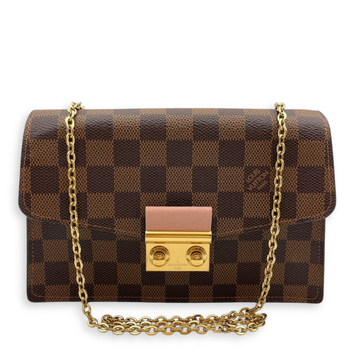 Croisette NM 20.5x12.5x5cm Damier Ebene and Pink Wallet On Chain in, Gold hardware