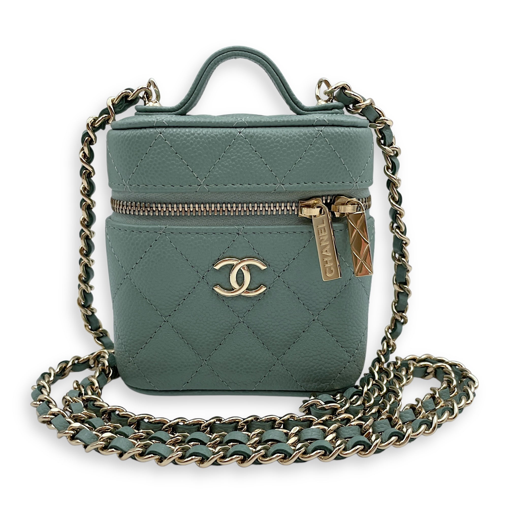 Quilted Mini Clutch with chain 9.5x10.5x4cm Green Crossbody Bag in Caviar Leather, Gold hardware