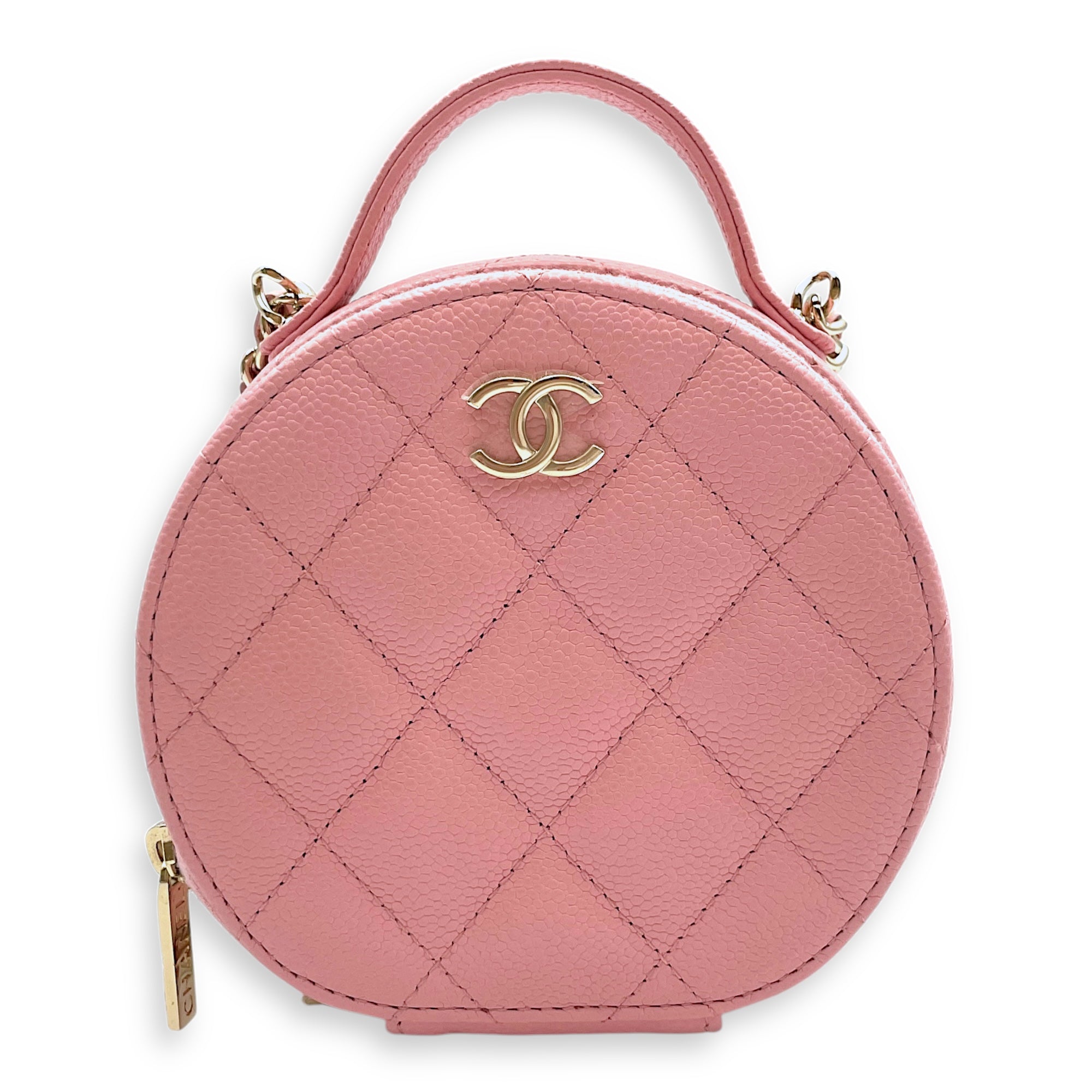 CC Quilted Round Mini Pink Vanity Bag in Caviar Leather, Gold hardware