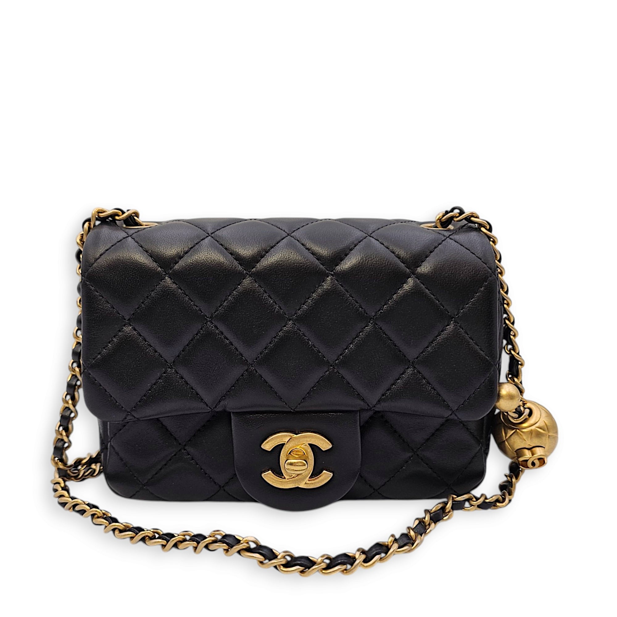 Pearl Crush Mini Black Crossbody Bag in Lambskin, Gold hardware