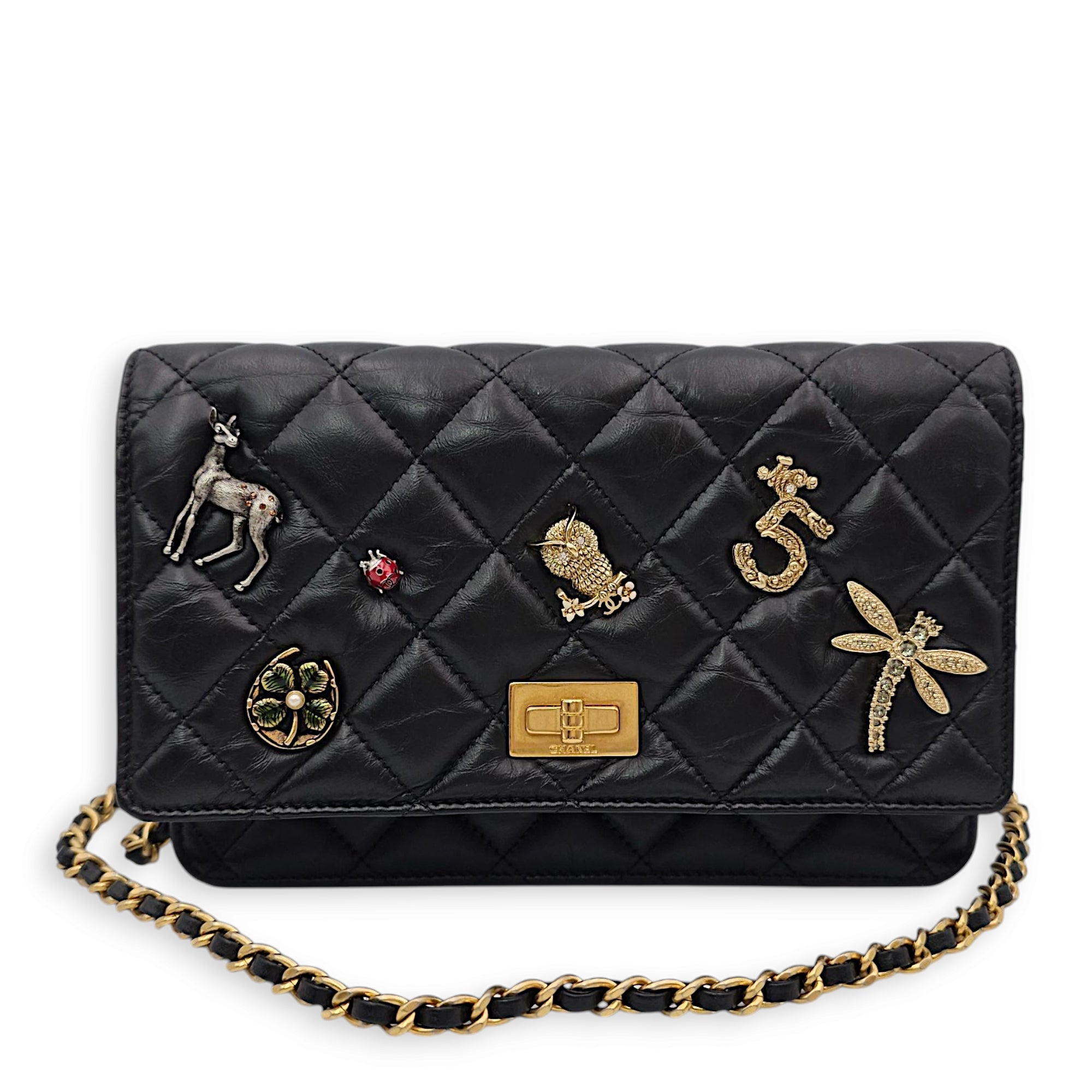 Lucky Symbols Reissue Wallet On Chain Others Black Crossbody Bag in Distressed Leather, 2-Tone hardware